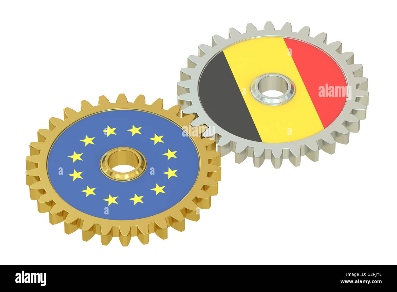 Belgien und EU-Flaggen auf ein Getriebe, 3D-Rendering isolierten auf weißen Hintergrund Stockfoto