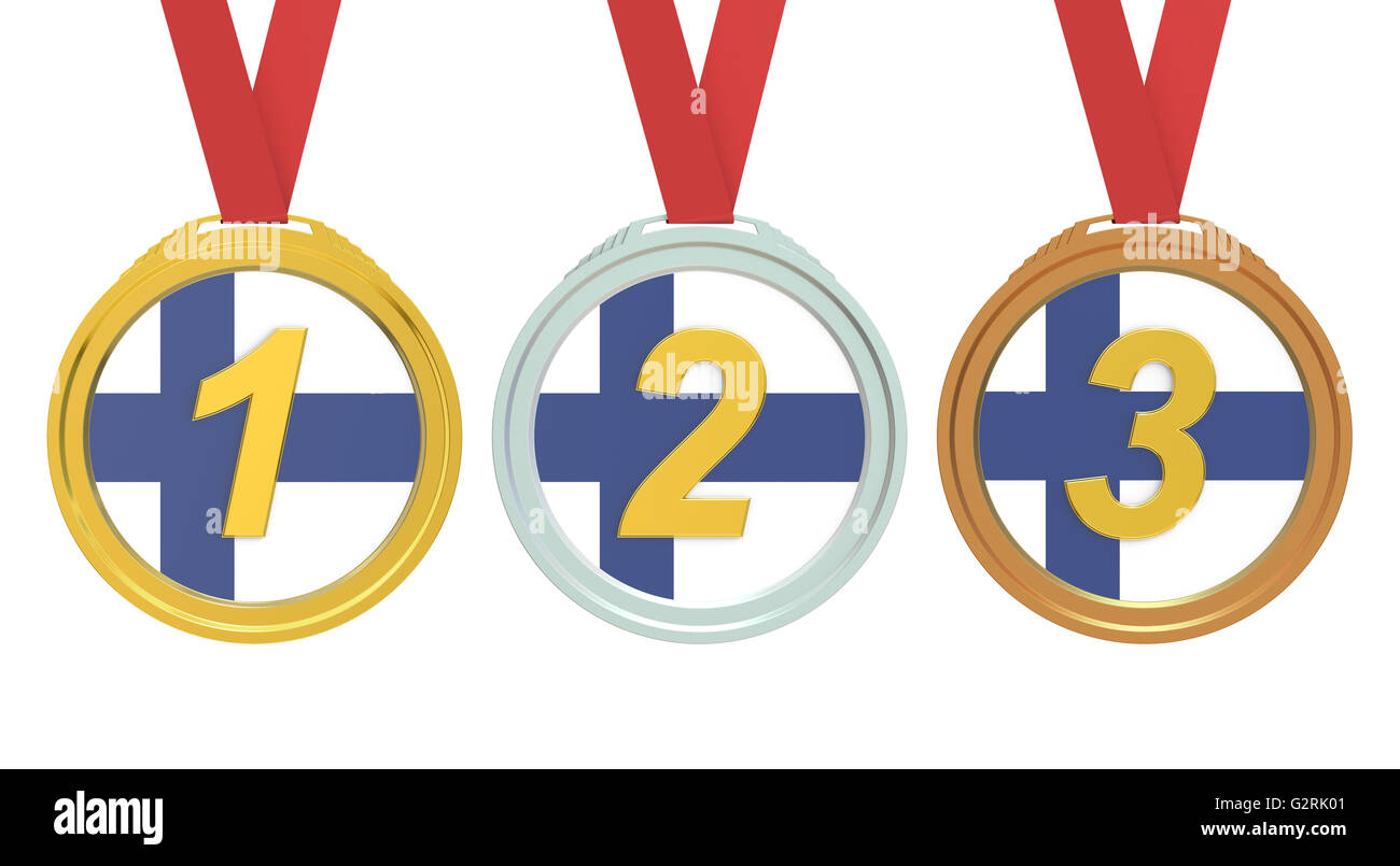 Gold, Silber und Bronzemedaillen mit Finnland Fahne, 3D rendering Stockfoto