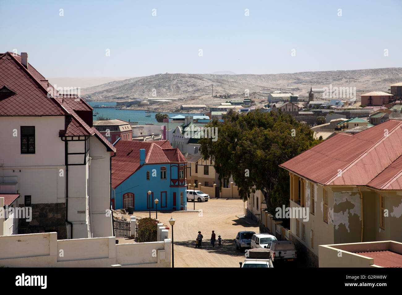 Häuser in Kirch Straße Bereich in Lüderitz, Namibia Stockfoto