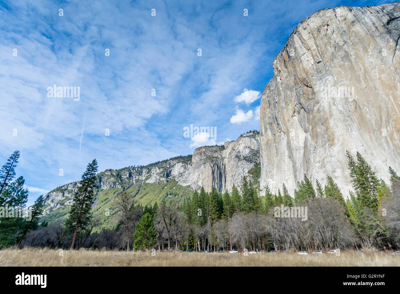 Eine Landschaft Blick auf El Capitan, der Baumgrenze und der Straße unten, im Yosemite-Nationalpark, Kalifornien, USA. Stockfoto