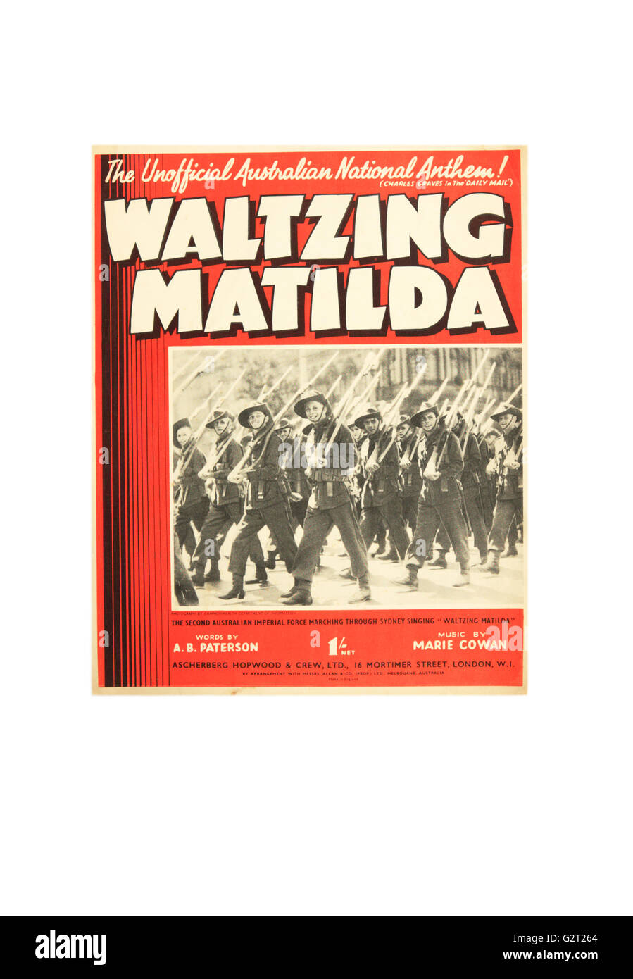 Waltzing Matilda-Noten aus dem zweiten Weltkrieg. Stockfoto