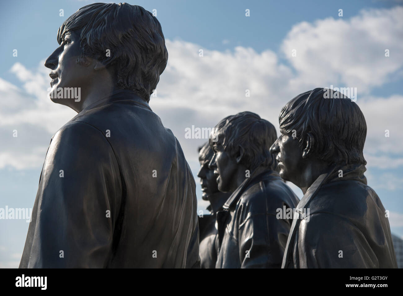 Die Statue von den Beatles an der Liverpool Pierhead Waterfront. Stockfoto