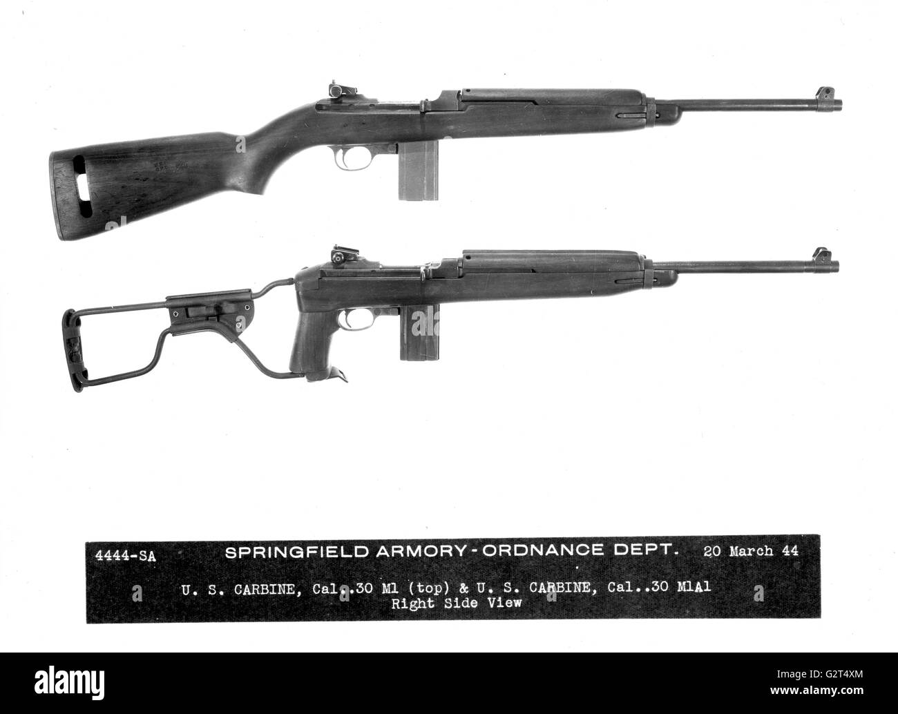 Identifikation-Fotos von zwei Versionen der M1A1.30 cal-Karabiner - eins mit einem Klappschaft - von der Springfield Armory. . Stockfoto
