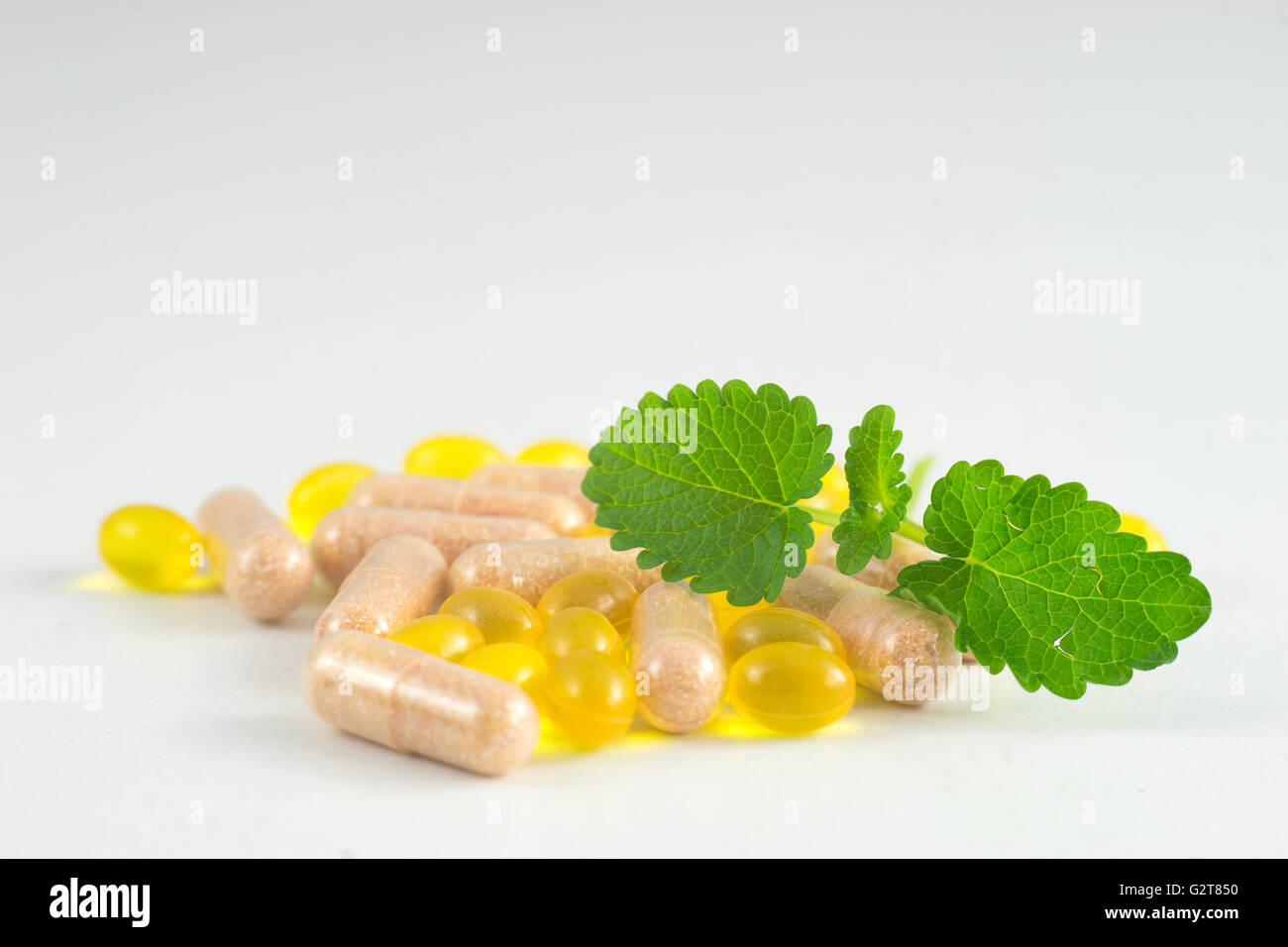 Bio-Kräuter-Kapseln und Kräutermedizin Öl Pillen Stockfoto