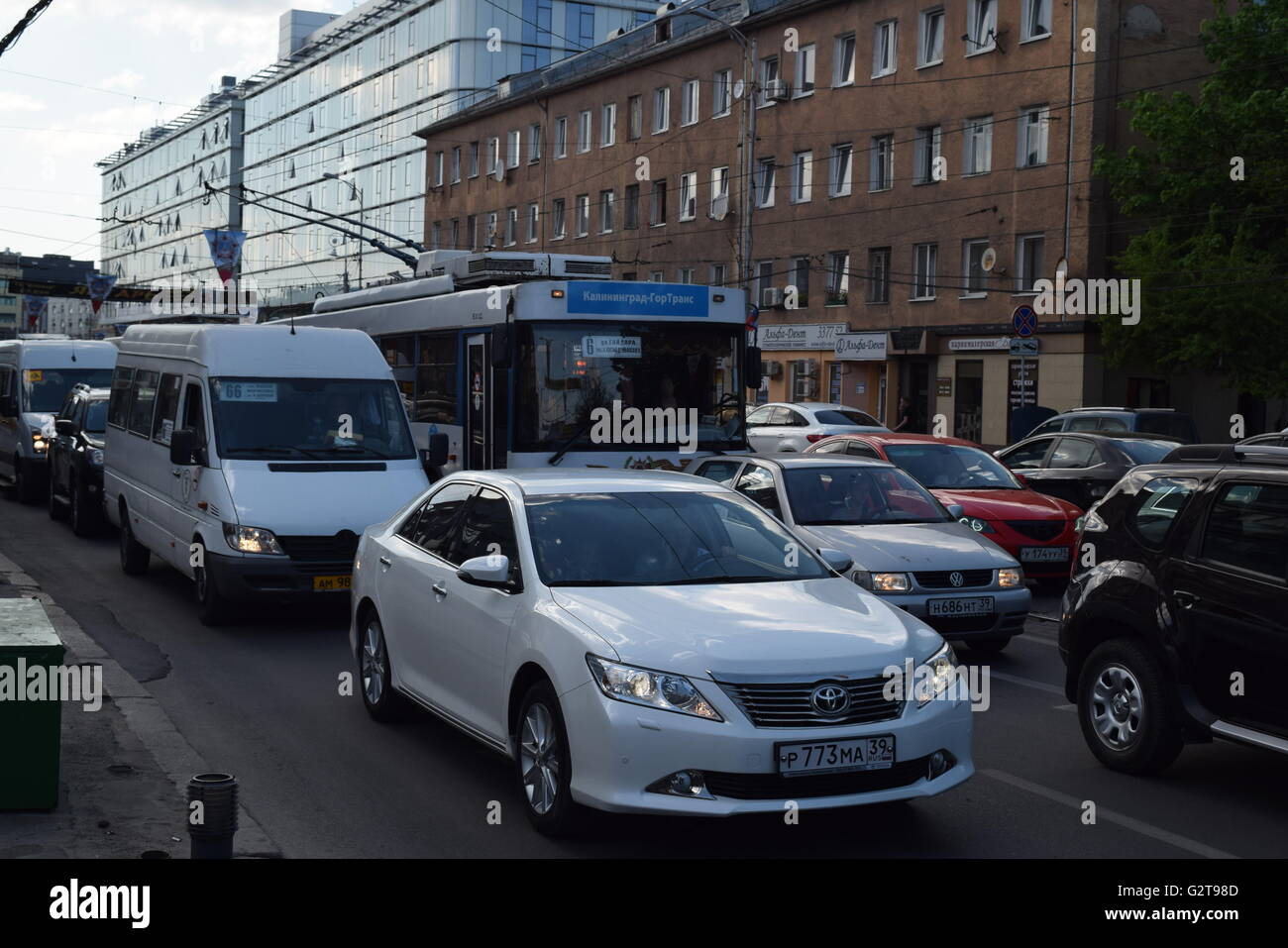 Städtischer Busverkehr in Kaliningrad Stadt. Trolleybus und weiße MiniBus im Stau