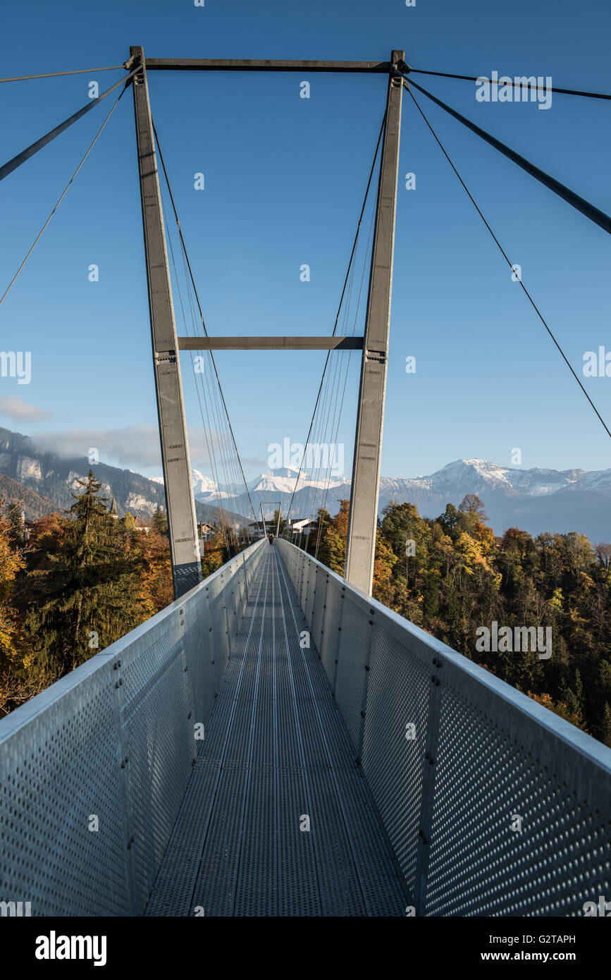 23.10.2015, Sigriswil, Kanton Bern, Schweiz - Haengebruecke über die Kautschuk-Schlucht, die trennt Sigriswil Aeschlen und ist nun elegant überwunden. Die Tragseile ruht auf zwei 27 m hohen Pylonen. 00K151029D444CAROEX. JPG - nicht für den Verkauf in G E R M A N Y, A U S T R I A S W I T Z E R L A N D [MODEL-RELEASE: nicht anwendbar, PROPERTY-RELEASE: Nein, (C) Caro Fotoagentur / Kaiser, http://www.caro-images.com, info@carofoto.pl - jegliche Nutzung dieses Bildes unterliegt GEMA!] Stockfoto