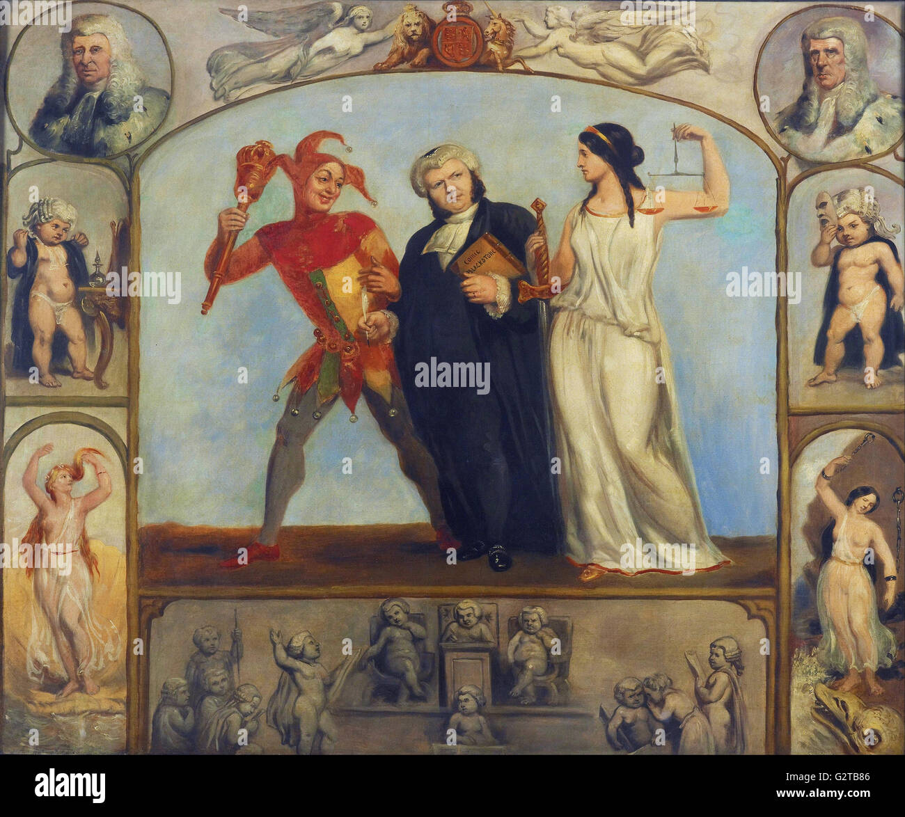 Henning, Archibald S. - Malerei; Öl auf Leinwand - Porträt von Renton Nicholson mit allegorischen Szenen- Stockfoto