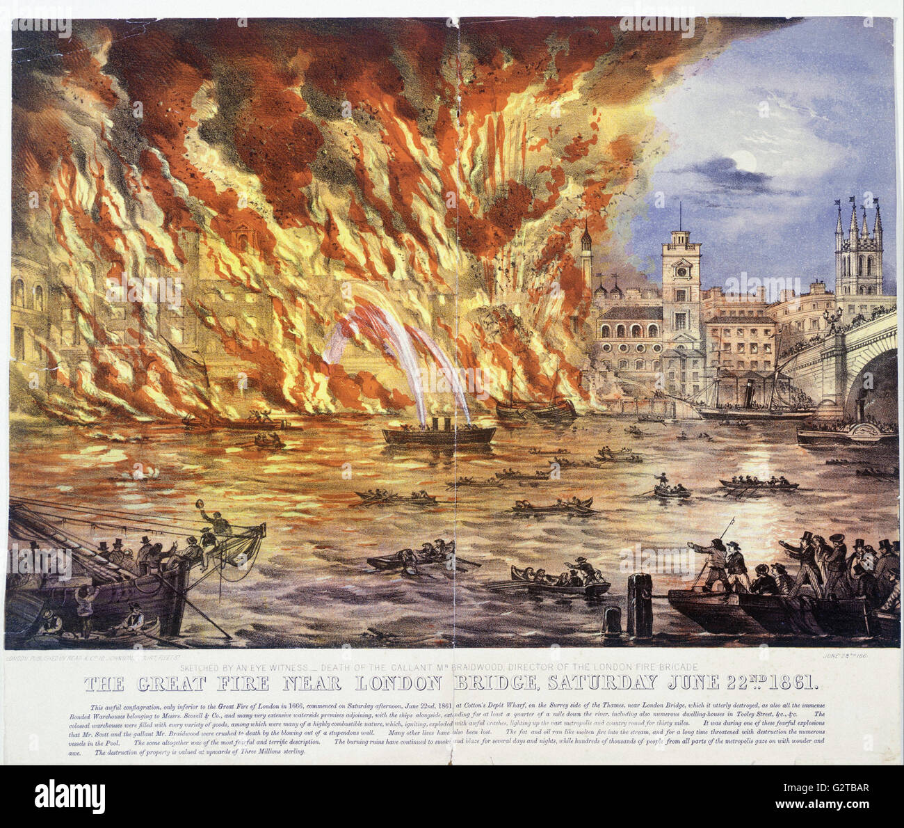 Lese- und Unternehmens - print; farbige Lithographie - das große Feuer in der Nähe von London Bridge, Samstag, 22. Juni 1861- Stockfoto