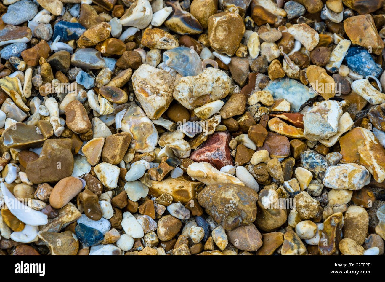 Eine Nahaufnahme von kleinen Steinen und Kies am Strand. Stockfoto