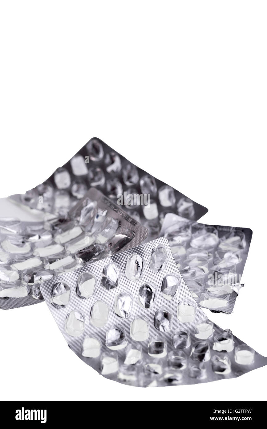 Haufen von gebrauchten, leere Tablet-Blister-Verpackungen. Stockfoto