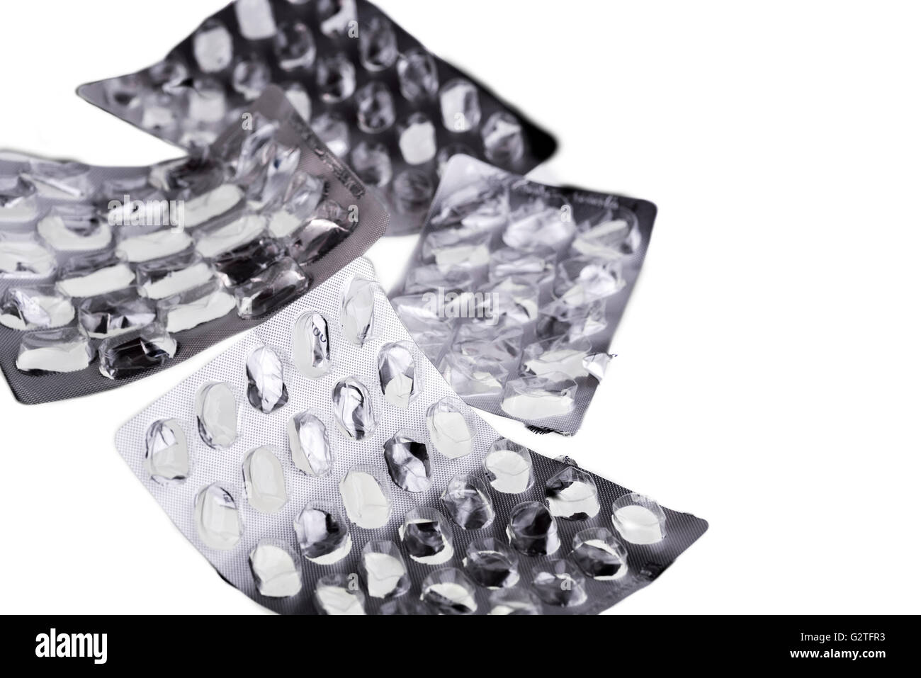 Haufen von gebrauchten, leere Tablet-Blister-Verpackungen. Stockfoto