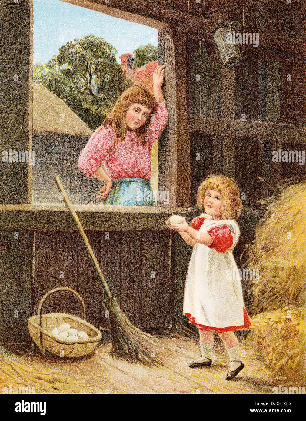 Farbe Abbildung von zwei viktorianische Mädchen sammeln von Eiern in einer Scheune auf einem Bauernhof. Stockfoto