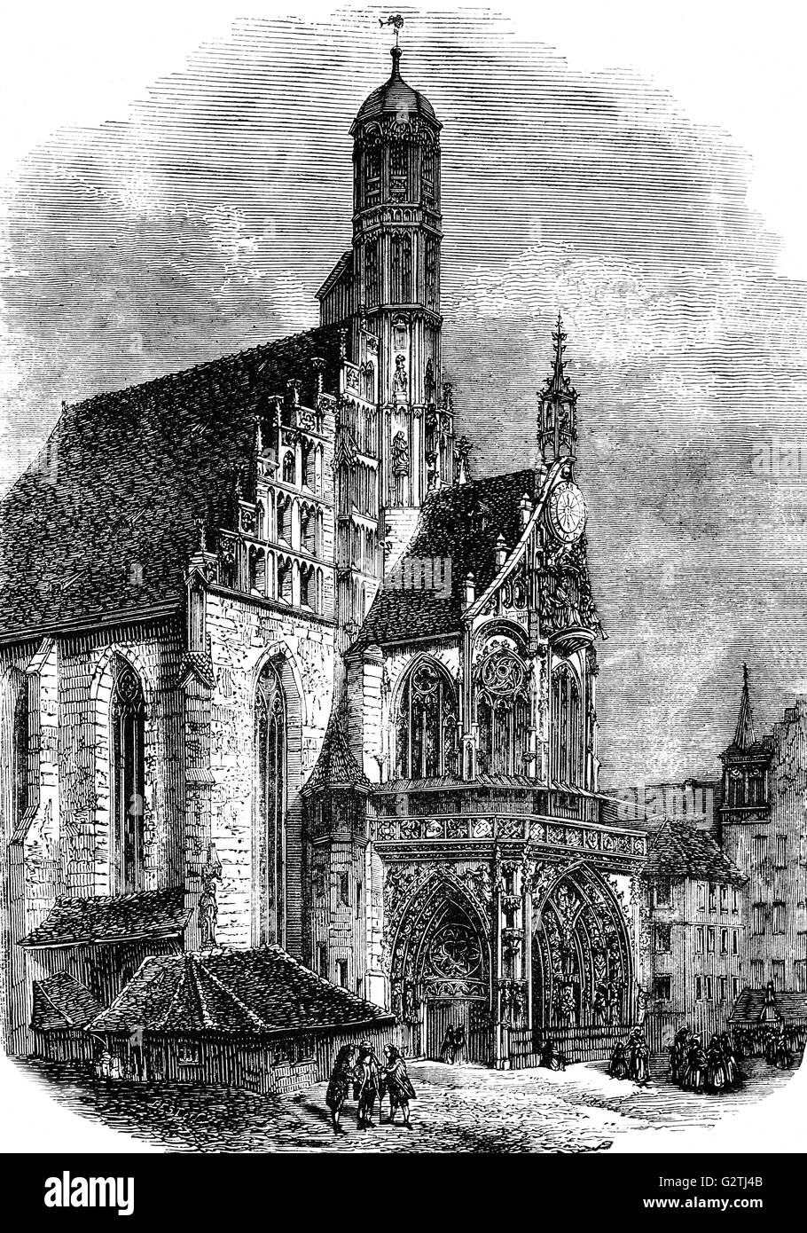 Nürnberg-Kathedrale, ursprünglich evangelisch, sondern von Katholiken als Nürnberg 1806 an Bayern fiel. Jetzt die Frauenkirche genannt ist ("Church of Our Lady") eine Kirche in Nürnberg. Es steht auf der Ostseite der Hauptmarkt. Ein Beispiel für Backstein-Gotik, wurde auf Initiative von Charles IV, Kaiser des Heiligen Römischen Reiches zwischen 1352 und 1362 erbaut. Nürnberg ist eine Stadt am Fluss Pegnitz und den Rhein-Main-Donau-Kanal im deutschen Bundesland Bayern. Stockfoto