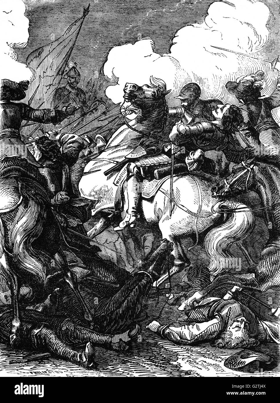 Die Schlacht von Lützen (6. November 1632) zwischen Schweden und dem Heiligen Römischen Reich, fand im Landkreis Burgenlandkreis in Sachsen-Anhalt, Deutschland und war einer der wichtigsten Schlachten des Dreißigjährigen Krieges. Stockfoto