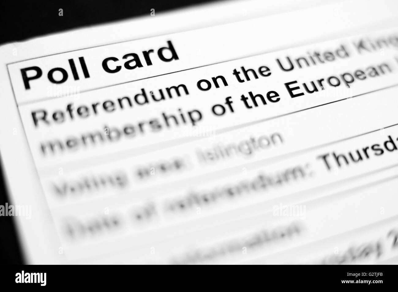 Eine Polling-Karte für die 2016 EU-Referendum in London. PRESSEVERBAND Foto. Bild Datum: Donnerstag, 2. Juni 2016. Bildnachweis sollte lauten: Yui Mok/PA Wire Stockfoto