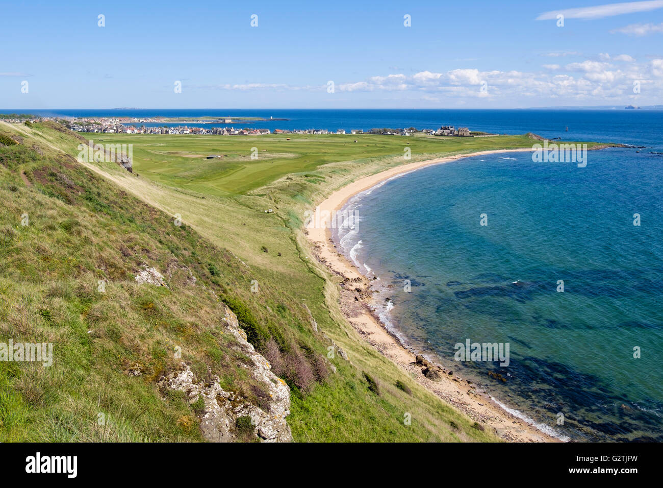 Blick vom Kincraig Hill Earlsferry Links Golf course von West Bay Beach im Firth of Forth. Elie & Earlsferry Fife Schottland UK Stockfoto