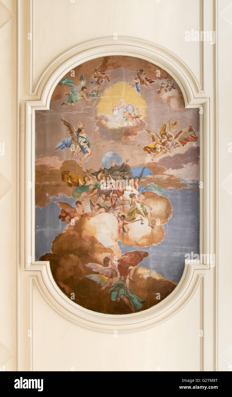 Marostica, Italien - 12. April 2016: Central Fresko an der Decke von der Kirche Saint Anthony Abbot, Heiligen darstellt. Stockfoto