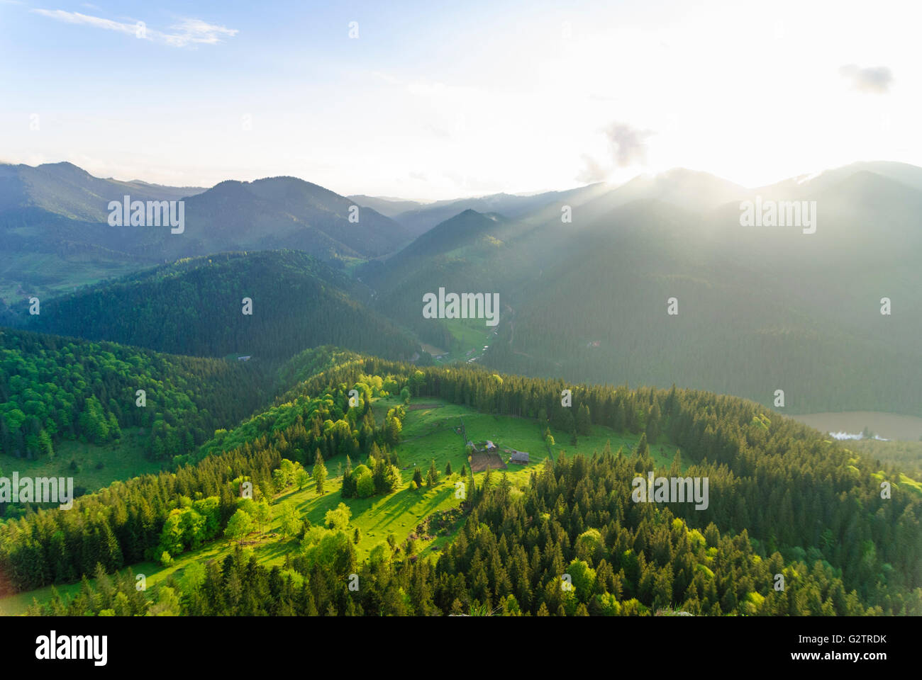 Bauernhof Wald Karpaten Berge, Rumänien, Moldau, Moldawien, Moldau Carpathians, Lacul Rosu Stockfoto