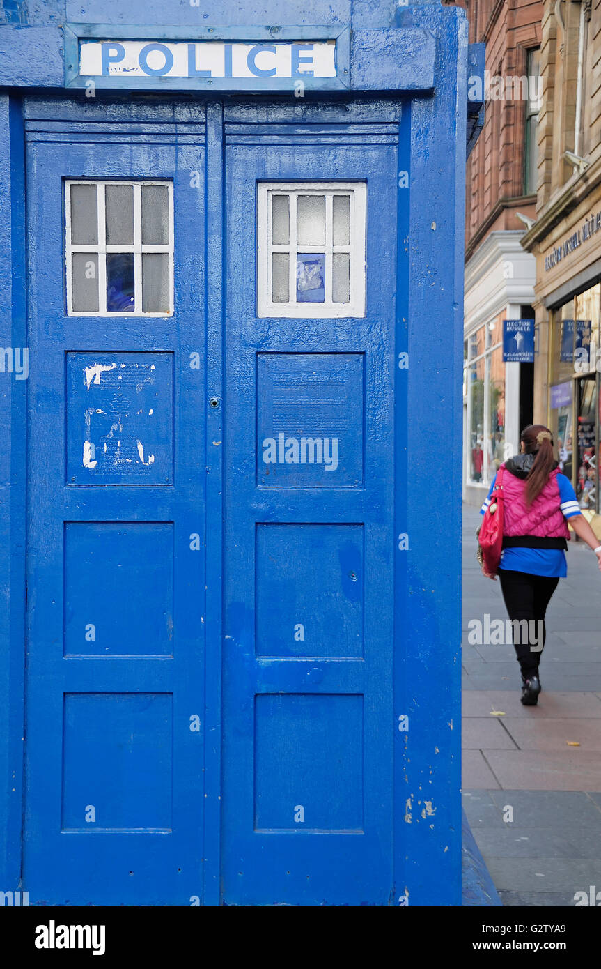 Buchanan Street, City Centre, Glasgow, Schottland Polizei Box. Stockfoto