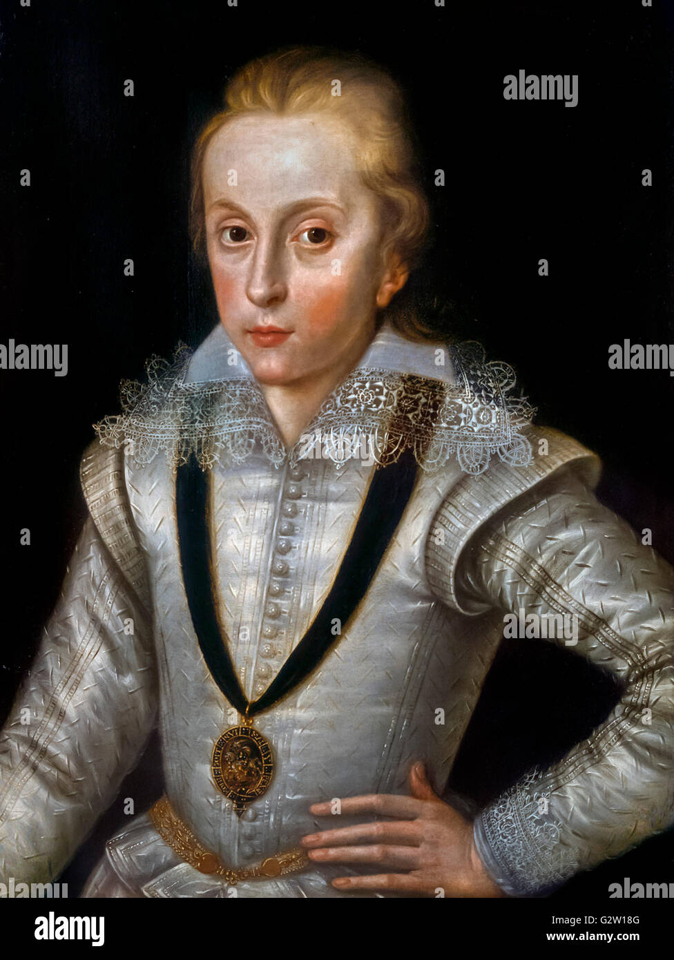 Henry, Prinz von Wales (1594-1612), ältester Sohn von König James VI und I von Schottland, England und Irland und Königin Anna von Dänemark. Prinz Henry Frederick war der Thronfolger seines Vaters im Jahre 1612, im Alter von 18 Jahren Öl auf Platte Portrait von Robert Peake der ältere, c. 1603-5 Stockfoto