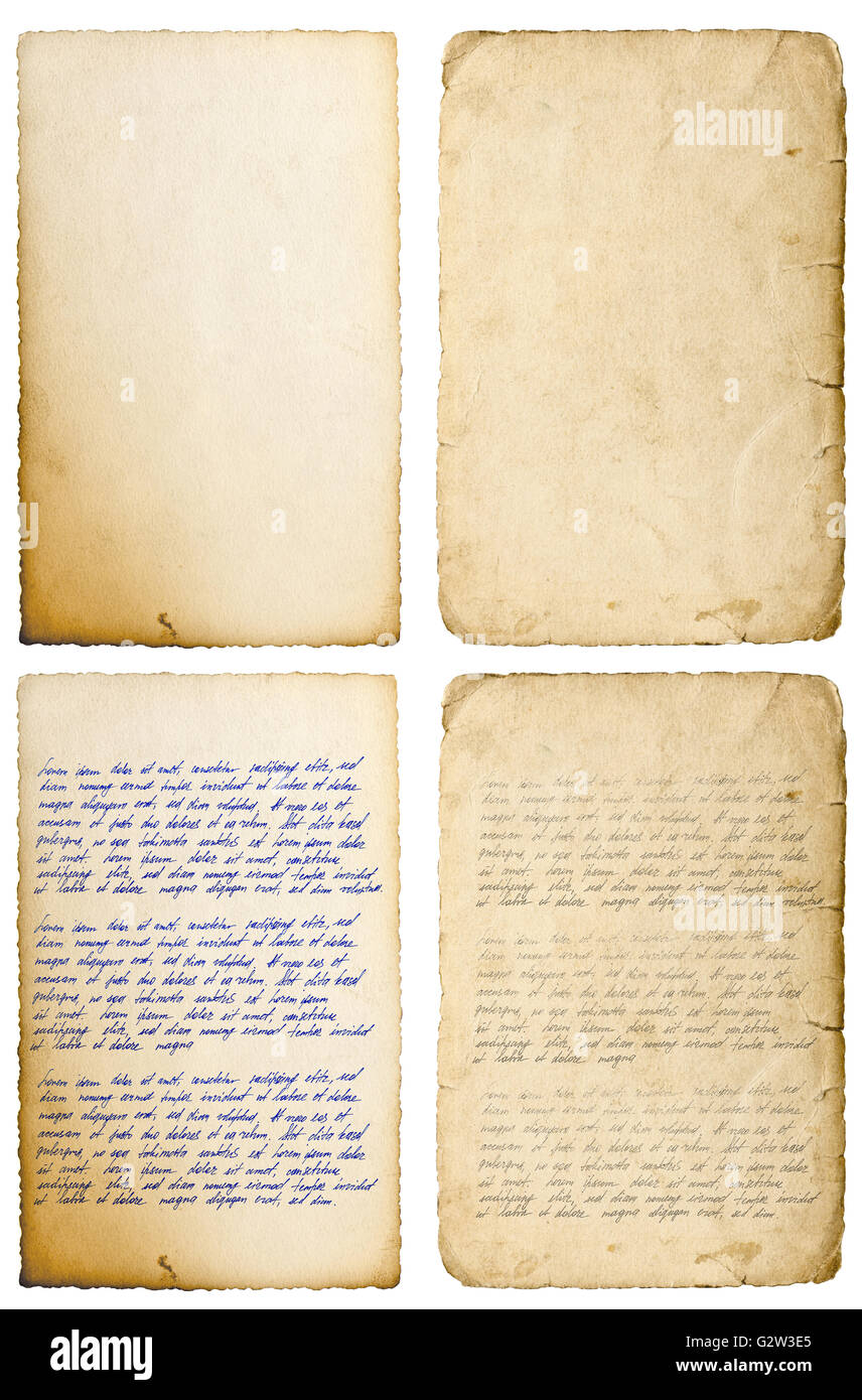 Alte Blätter mit Kanten isoliert auf weiss. Handgeschriebenen Brief. Lateinischer Text Lorem Ipsum. Handschrift. Kalligraphie. Manuskript. Stockfoto