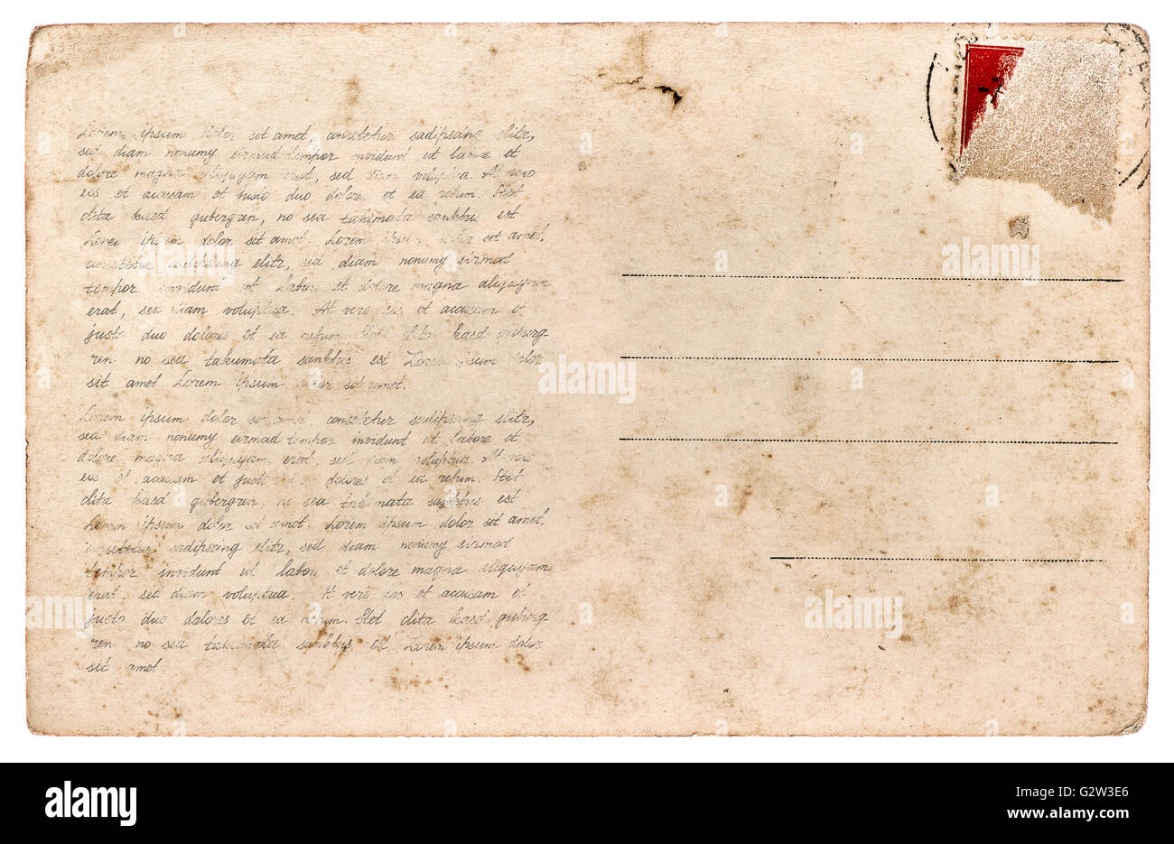 Verwendete Postkarte. Vintage-Papierblatt isoliert auf weißem Hintergrund. Muster handgeschriebener Text Lorem ipsum Stockfoto