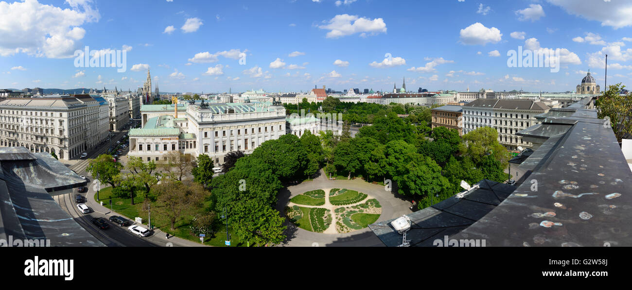 Blick von der Justizpalast am Rathaus, Parlament, der Stephansdom, Kunsthistorisches Museum (von links nach rechts), Stockfoto