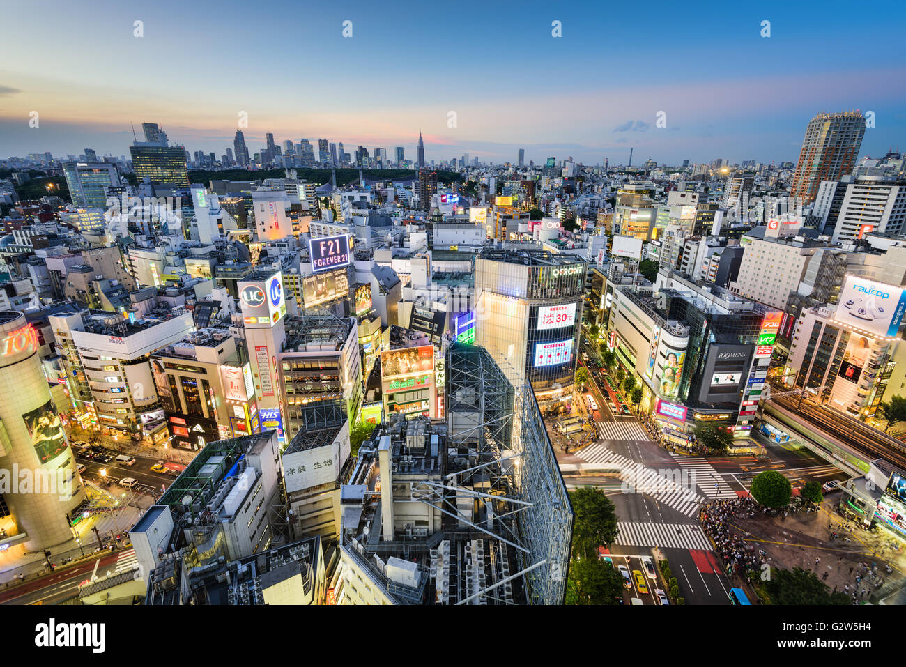 Die Shibuya Skyline in der Abenddämmerung in Tokio, Japan. Stockfoto