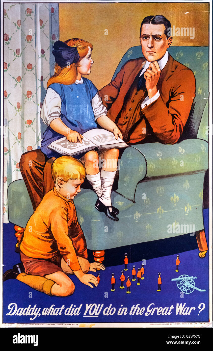 'Papa, was hast du im ersten Weltkrieg getan?' Rekrutierung-Plakat für die britische Armee im ersten Weltkrieg. Stockfoto