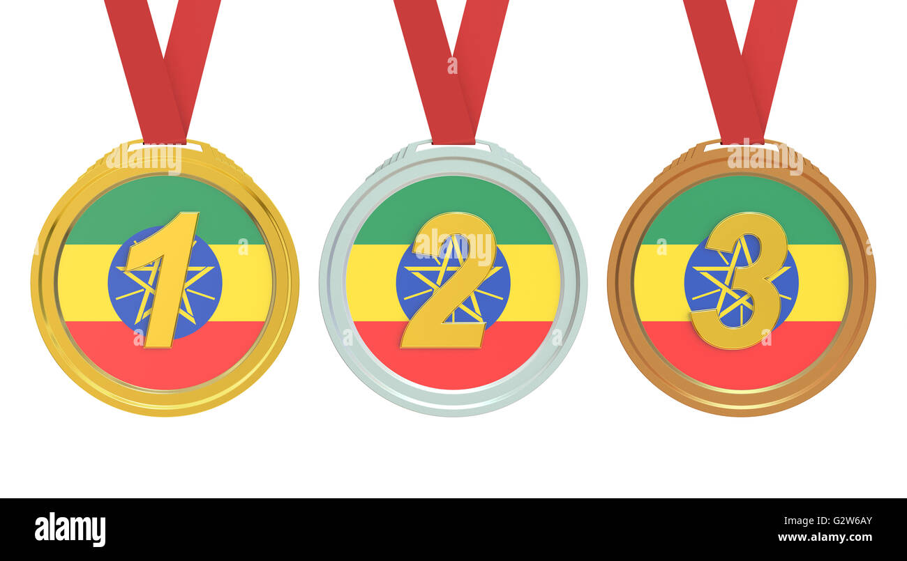 Gold, Silber und Bronzemedaillen mit Äthiopien Fahne, 3D rendering Stockfoto