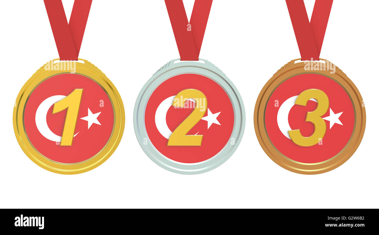 Gold, Silber und Bronzemedaillen mit Türkei Flagge, 3D rendering Stockfoto