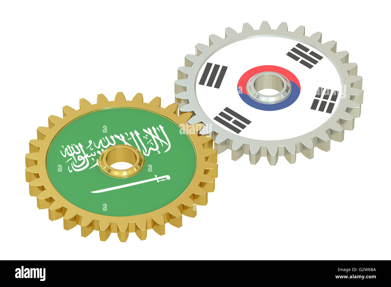 Saudi-Arabien und Südkorea Flaggen auf ein Getriebe, 3D-Rendering isolierten auf weißen Hintergrund Stockfoto