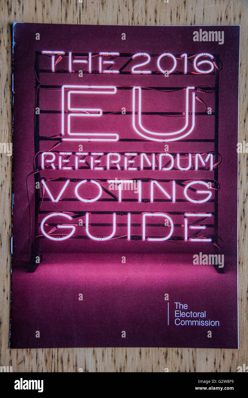 Eine einfache Wahl? Bleiben oder gehen? Eine Briefwahl erwartet Abschluss mit Hilfe der Wahlkommission offizielle Abstimmung Anleitung. London, 3. Juni 2016 Stockfoto