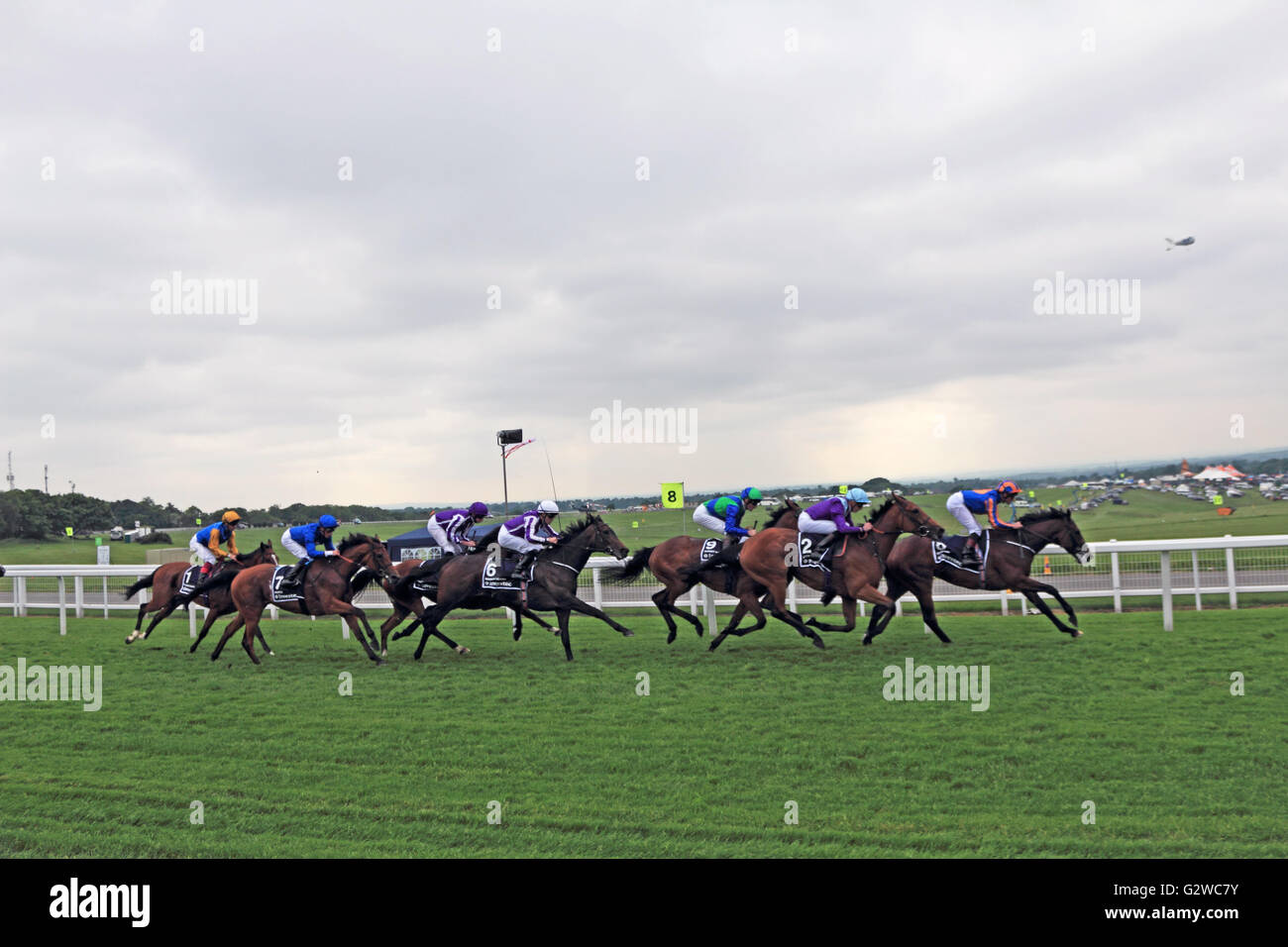 Epsom Downs, Surrey, England, UK. 3. Juni 2016. Ladies Day bei Epsom Downs Race Course, wo die Investec Eichen befindet sich das Hauptrennen des Tages. Hier gehen die Fahrer 5 Furlong Post mit späteren Sieger hüten gesehen hier auf dem 5. Platz. Aiden O'Brien Ausführungen zunächst nach einem Sieg über Frankie Dettori auf Architektur im Haus direkt. Bildnachweis: Julia Gavin UK/Alamy Live-Nachrichten Stockfoto