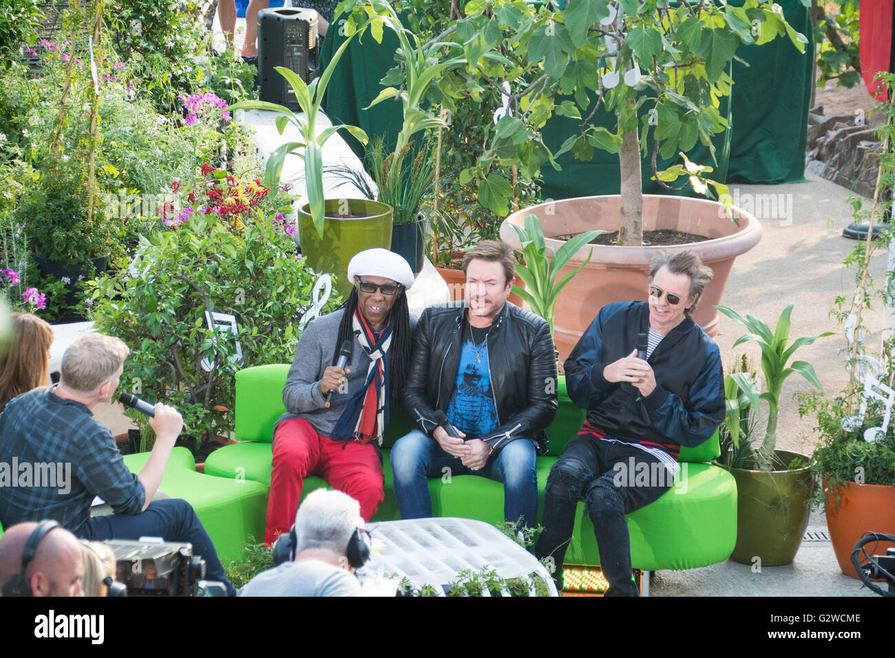 Eden Project, Cornwall, UK. 3. Juni 2016. Simon Le Bon, John Taylor und Nile Rodgers einerseits zeigen im Eden Project vor heutigen BBC Music Day Konzert gefilmt. Bildnachweis: Simon Maycock/Alamy Live-Nachrichten Stockfoto