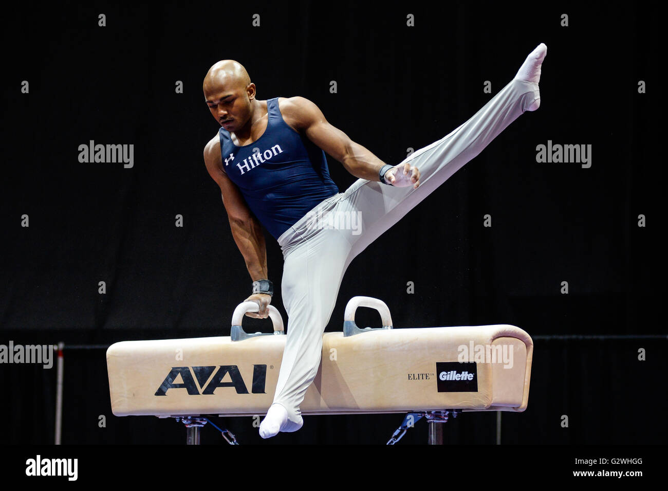 Hartford, Connecticut, USA. 3. Juni 2016. JOHN OROZCO konkurriert am Pauschenpferd in der ersten Runde des Wettbewerbs von der P & G Gymnastik-Meisterschaften im XL Center in Hartford, Connecticut. Bildnachweis: Amy Sanderson/ZUMA Draht/Alamy Live-Nachrichten Stockfoto