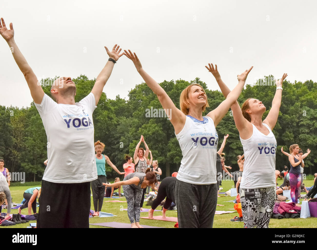 Brentwood, Essex, UK, 4. Juni 2016, Teilnehmer verpflichtet sich ein Sonnengruß an Masse Yogathon zugunsten der Geist Credit: Ian Davidson/Alamy Live News Stockfoto