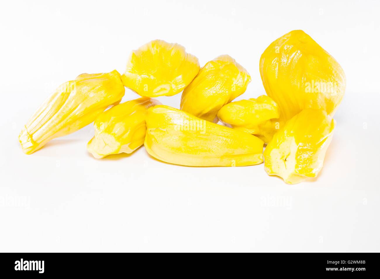 Riss der asiatischen Jackfrucht mit weißem Hintergrund Stockfoto