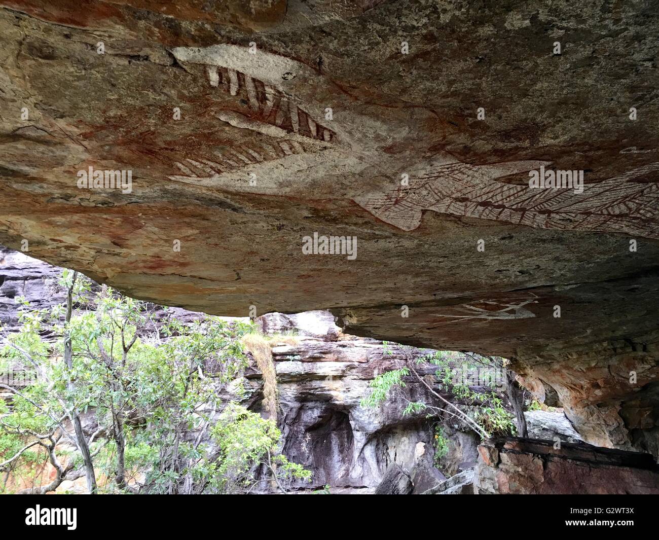 Alten Aborigines Höhlenmalereien bekannt als "Rock Art" finden Sie unter Mount Borradaile, West-Arnhemland, Northern Territory, Australien Stockfoto