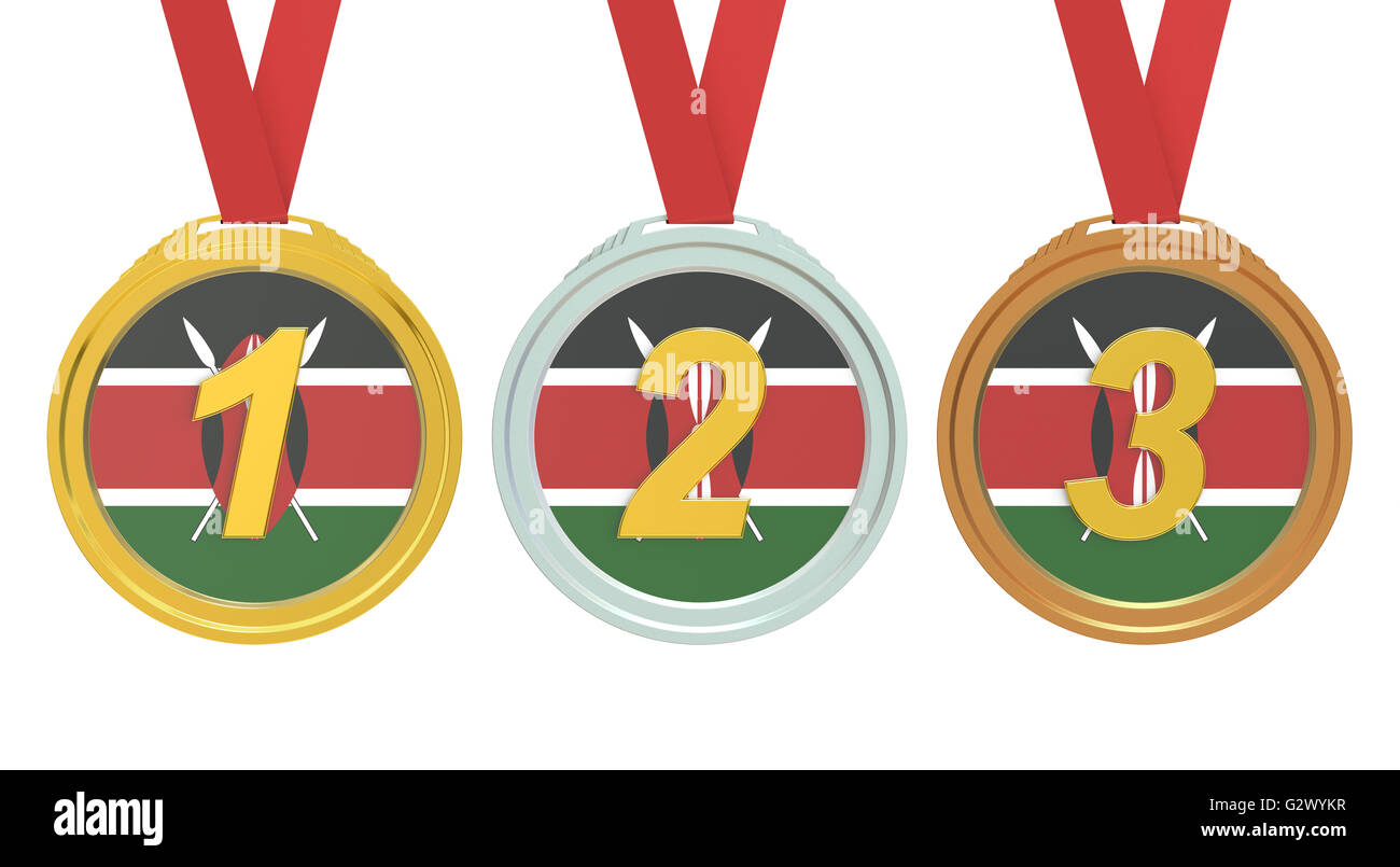 Gold, Silber und Bronzemedaillen mit Flagge der Republik Kenia, 3D rendering Stockfoto
