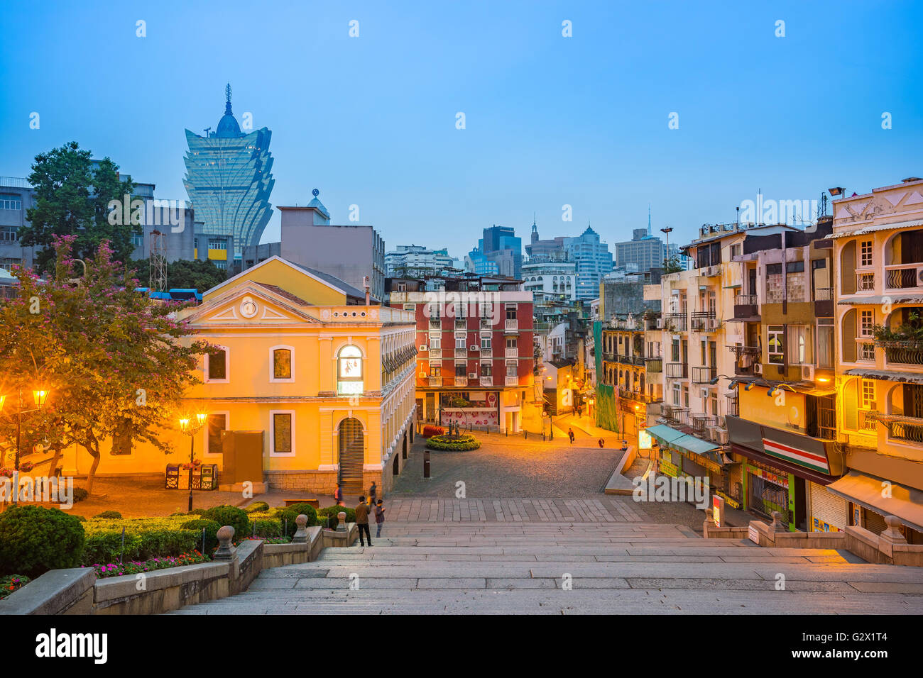 Macau Stadtbild Skyline in der Dämmerung. Stockfoto