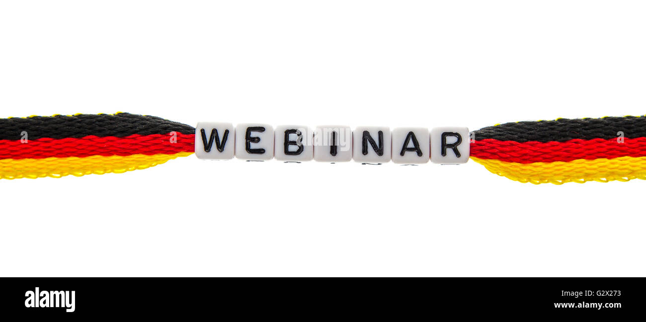 Wort-Webinar aus Brief Cubes auf deutsche Flagge, isoliert Stockfoto