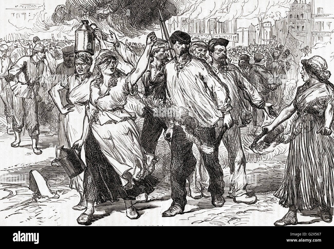Randalierer und Pétroleuses, weibliche Fans der Paris Kommune, feuern von öffentlichen Gebäuden in Paris, Frankreich in den letzten Tagen der Kommune, Mai 1871. Stockfoto