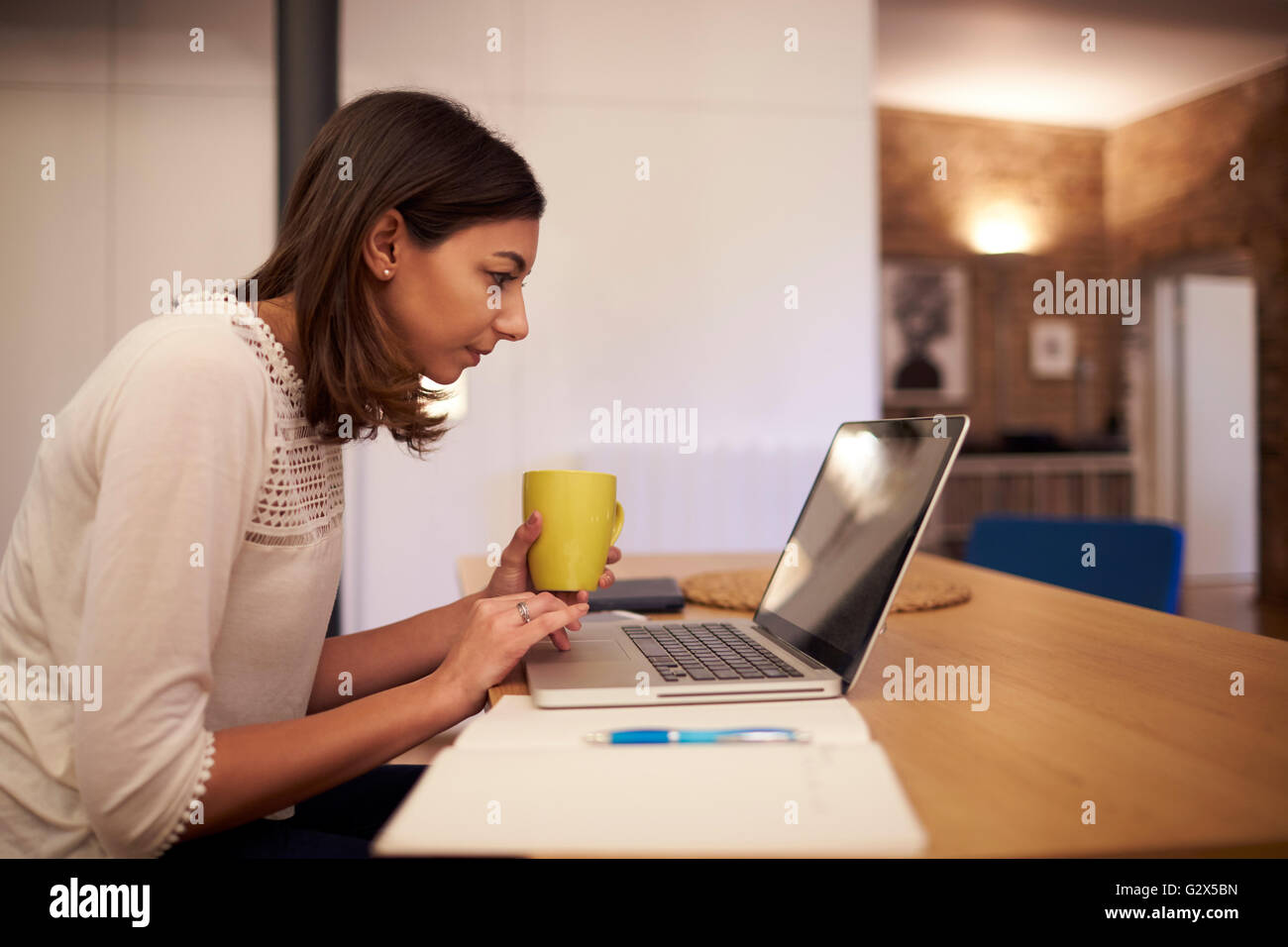 Frau, Arbeit von zu Hause am Laptop In modernen Wohnung Stockfoto
