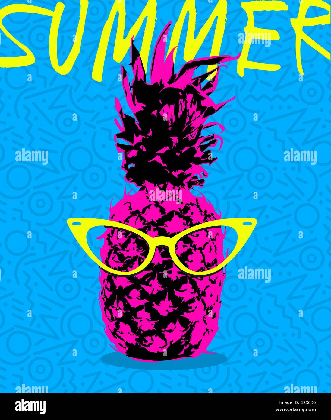 Retro 80er Jahre Sommer Konzept Außenillustration Ananas Frucht mit Hipster-Brillen und Memphis Style Formen Hintergrund Stock Vektor