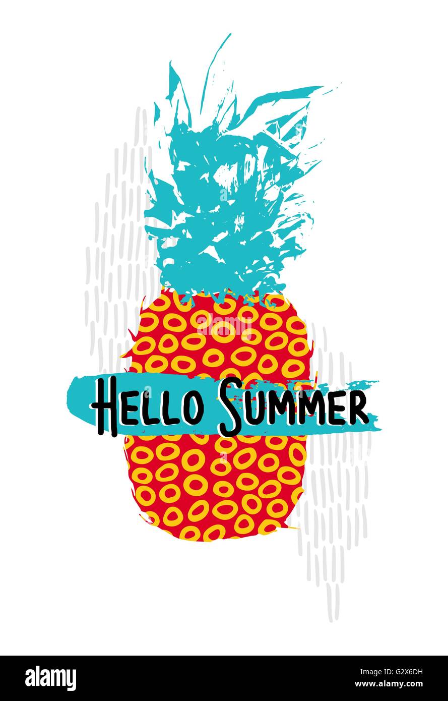 Hallo Sommer retro 80er Jahre Konzept Außenillustration Ananas Frucht mit Vintage bunten Kunst Elemente und Memphis Stil Formen. Stock Vektor