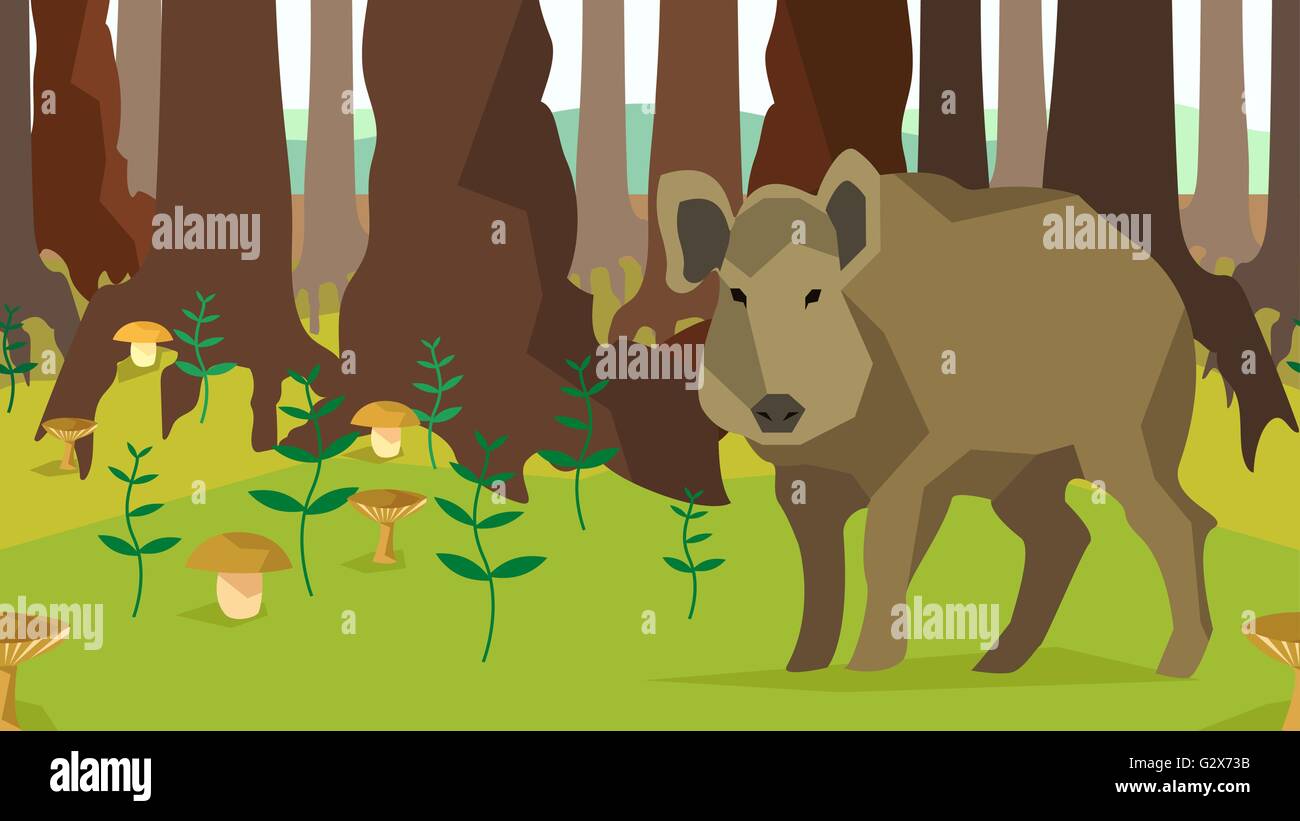 Wildschwein im Wald mit Bäumen, Pilz, nahtlos, Tiere, Natur Stock Vektor