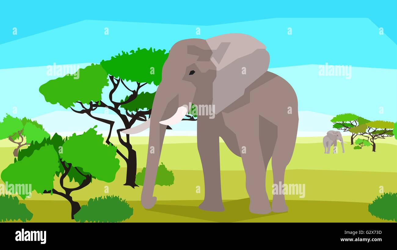 Elefant in einem Feld mit Bäumen, nahtlose, Tiere und Natur Stock Vektor
