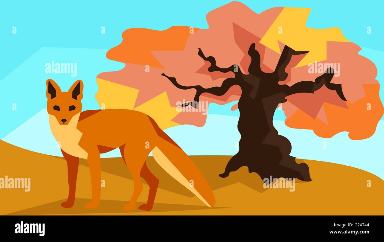 Fuchs auf Hügel mit Eiche, Tier und Natur Stock Vektor