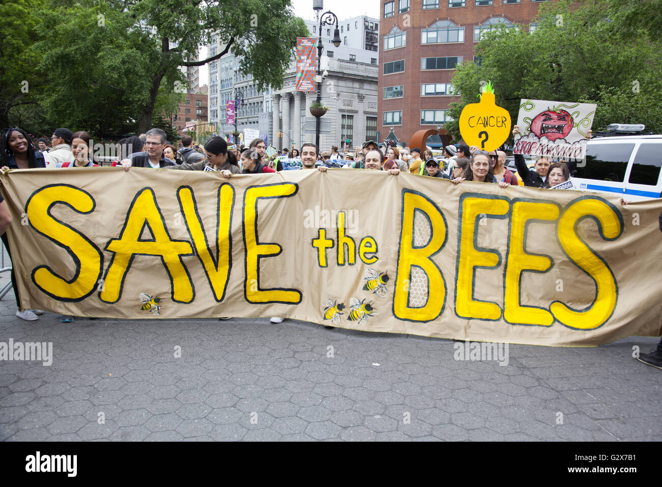 März und Demonstration gegen Monsanto und gentechnisch veränderte Lebensmittel auf der Straße in New York City. Stockfoto